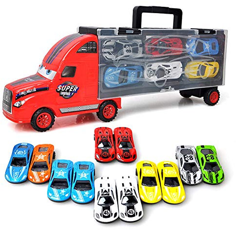Sanlebi Macchinine Giocattolo per Bambini 2 3 4 5 Anni, Grande Camion con 12 Auto Mini Veicoli in Metallo Giocattolo Giochi per Bambino Ragazzo Ragazza