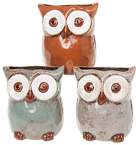 Village Pottery Set of 3 Owl Glazed Planter Plant Pot Flower Pot Small Brown Sage Grey