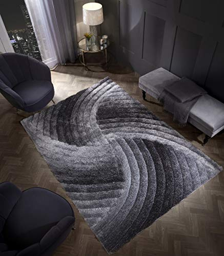 3D SWIRL HEAVYWEIGHT CARVED Shaggy Rug GREY SILVER Ombre Super Plush Extra Large Rugs Living Room with SHIMMERING SPARKLE STRANDS Thick Pile Height Modern Area Rugs (200cm x 290cm (6.6ft x 9.5ft))