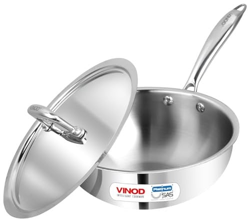 Vinod Platinum Triply Stainless Steel Deep Frypan with Stainless Steel Lid - 22 cm Diameter, with Riveted Sturdy Handle (Induction and Gas Stove Friendly)