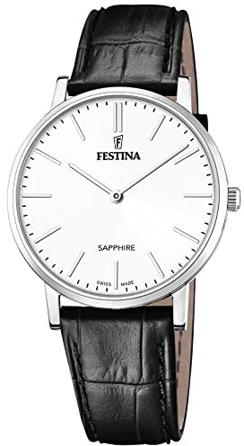 Festina Uhr Für Herren F20012/1 Swiss Made Silber Edelstahl Case SchwarzLeder Band
