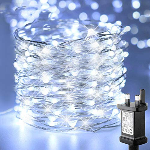 FANSIR Plug in LED String Lights, 300 LED Plug Fairy Lights 99 feet 8 Modes Silver Wire Lights Dimmble Waterproof String Lights for Bedroom Wedding Party Indoor Outdoor Decoration (Cool White)
