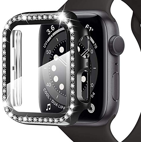 Miimall Coque pour Apple Watch Series 4/5/6/SE 40mm, avec Film de Protection d'écran en Verre, Strass à Paillettes, pour iWatch 40mm (Noir)