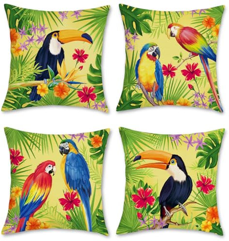 Bonhause 4er Set Kissenbezüge Tropische Vögel 45 x 45 cm Tukan Papagei Blätter Polyester Leinen Dekorative Kissenhülle Zierkissenbezüge für Sofa Wohnzimmer Zuhause Dekoration