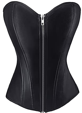 RHISLEO Women Lace Up Overbust Faux Leather Zipper Basque Bustier Shaper Boned Corset Top