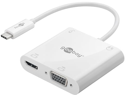 Goobay 52418 USB-C Multiport Verteiler 100W Power Delivery PD / 4 Port VGA - HDMI 4K @ 60Hz - USB C - 3,5mm Klinke Buchse / USB-C Hub 18 Gbits / Multidock Adapter / Weiß