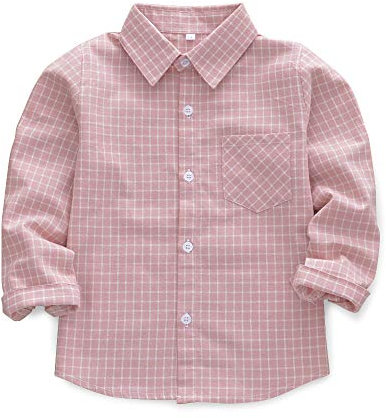 Aeslech Chemise Oxford à manches longues boutonnée pour petit garçon, Plaid - Rose, 4 ans