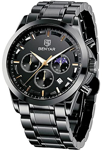 BENYAR Orologio Uomo Orologio Acciaio Cronografo Impermeabile Luminosi Design Orologi Quadrante Grande da Polso Elegante Argento Sportivo Analogici Data