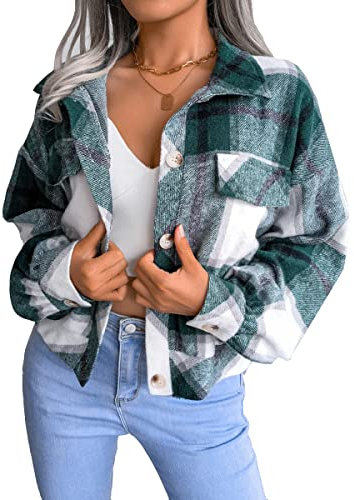 ORANDESIGNE Femme Veste à Carreaux Manteau à Manches Longues Surchemise en Laine Chemise à Carreaux Blouse Décontractée Outwear Oversize Manteau Veste Casual H Vert XS