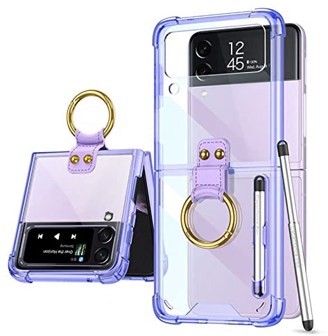 COQUE Custodia Galaxy Z Flip 3,Shell all-Inclusive Custodia Telefono con Supporto Video ad Anello,Cover Telefono Pieghevole Samsung Galaxy Z Flip 3 5G con Stilo e Slot per Penna-Viola
