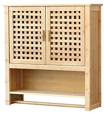[en.casa] Badezimmerschrank Borlänge Bambus Wandschrank Hängeschrank mit Handtuchhalter Badschrank 3 Ablagen, 2 Türen stehend 66 x 62 x 20 cm