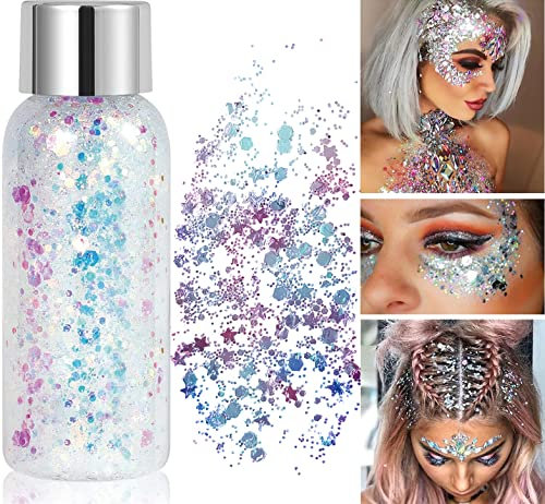 Glitzer Gesicht Body Glitter Gel, Meerjungfrau Glitzer Make Up, Festival Glitzer Gesicht Gel, Schminke Karneval Glitzer für Festival, Musikfestivals, Party, Masquerade, Body, Face, Haare, Lippen(Weiß)