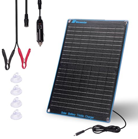 Nicesolar 20W 12V Solarpanel Auto-Batterie Erhaltungsladegerät & Maintainer mit Zigarettenanzünder-Stecker & Krokodilklemme & Batteriekabel für Auto Automobil Motorrad Boot Marine