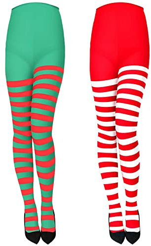 XNHIU 2 Pairs Striped Tights Full Footed Striped Socks Thigh High Stockings for Party Costume Dress Up