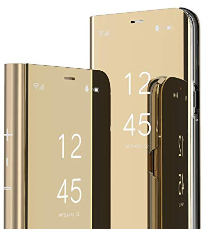 KBIKO-zxl Compatible with iPhone 13 Case, Mirror Makeup Clear View Window Slim Cover Scratchproof with Kickstand Full Body Protective Cover for iPhone 13. Mirror Gold QH