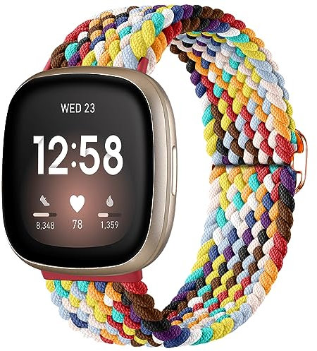 Ouwegaga Geflochtene Armband Kompatibel mit Fitbit Versa 4/Sense 2/Versa 3/Sense für Herren Damen, Verstellbares Elastisch Nylon Uhrenarmband Loop Sport Ersatzarmbänder , Bunt