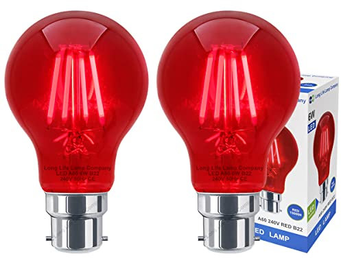 Long Life Lamp Company 2 x 6w LED RED Light Bulb B22 Bayonet BC Red Glow Effect Glass A60