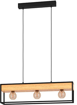 EGLO Hängelampe Libertad 1, 3-flammige Esstisch Pendelleuchte mit Pflanzgefäßen, Esszimmerlampe aus Holz in Natur und Metall in Schwarz, FSC100HB, Hängeleuchte mit E27 Fassung