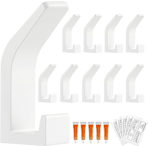 BASVII Confezione da 10 ganci appendiabiti bianchi opachi, senza forature, in alluminio, per risparmiare spazio, per veranda, camera da letto, bagno, cucina (Bianco)