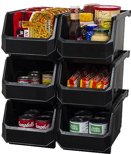 ReadySpace Plastic Containers for Organizing and Storage Bins for Closet, Kitchen, Office, Garage or Pantry Organization, Stackable Bins, Large (14.8 x 8 x 7), 6-Pack, Black