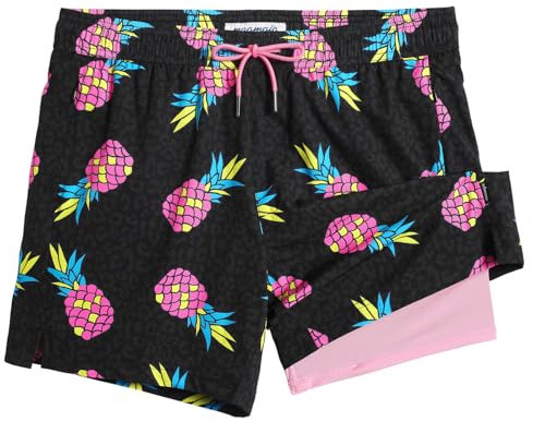 MaaMgic Maillot de Bain pour Hommes avec Compression Short de Bain 2 en 1 | 5.5 Séchage Rapide Short de Natation décontracté Boardshorts,Ananas Léopard Rose Noir 5.5,XS