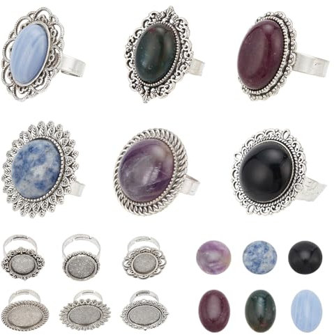 SUNNYCLUE 6 Stück Cabochon Fassungen Ringe Lünette Ringrohlinge Naturstein Cabochon Vintage Stil Verstellbare Ringrohlinge Heilende Energie Flache Rückseite Edelstein Cabochons Für Schmuckherstellungs