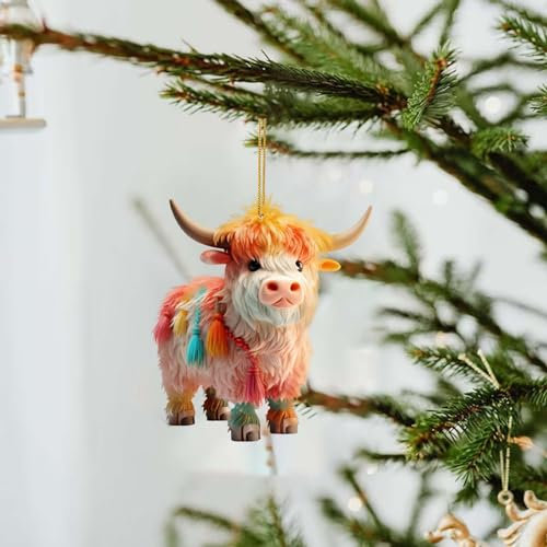 Cartoon Kuh Dekorative Acryl Bunte Hohes Land Kuh Weihnachtsbaum Ornamente Weihnachtsdeko Niedlicher Weihnachtskuh Hängende Deko Auto Anhänger Weihnachtsschmuck Christbaumschmuck (L, 8cm)