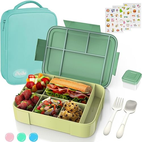 iNeibo Bento Box Lunch Box, 1330ML Bento Box for Kids Children with 6 Compartments Cutlery Set, Leak Proof Lunch Box for Kids Adults, Snack Box for School Kindergarten,Nursery, Office