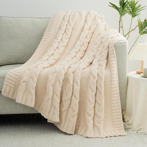 GINAMUSE Grobstrick-Überwurfdecke, superweich, flauschig, Mikrofaser, gemütlich, warm, Winterdecken für Couch, Sofa, Bett, 127 x 152 cm, Weiß