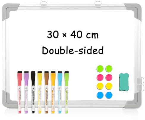 DOLLAR BOSS Magnetic Whiteboard for Wall A3 Double Sided Mini White Board 30 x 40cm Hanging Small Whiteboard for Kids School Home Office Memo 8 Magnets 1 Eraser