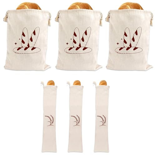 6 pieces natural linen bread bags, 40 x 30 cm / 67 x 15 cm, reusable bread storage bags, keeps bread fresh, food storage, reusable linen bags