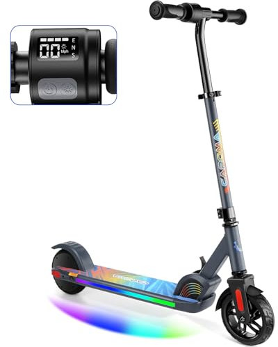 Caroma Elektroroller für Kinder von 8-12 Jahren, 150W Motor, 16 km/h, 60 min Fahrzeit, Einstellbare Geschwindigkeit & Höhe, Bunte Lichter, LED Display, Faltbarer Kinder Elektroscooter, Blau