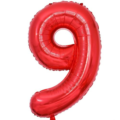 Luftballon Zahl 9 Rot Zahlenballon Luftballon 9 Geburtstag, Foil Nummer Ballon Zahl 9 Folienballon Party Deko - 101cm - Helium Unterstützen