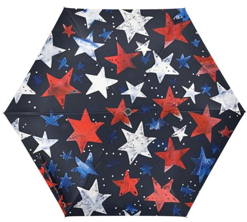 Amooorous Parapluie pliable rouge blanc et bleu étoilesindependence Day UV50+ de plage portable et léger pour la pluie coupe-vent ouverture automatique sombrillas de lluvia