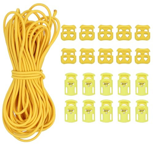 PATIKIL 16 Yard Elastic Bungee Cord & 10pcs Single Hole Cord Lock & 10pcs Double Hole Spring Toggle Stopper for Paracord Drawstring Shoelace Clothing Backpack Bags, Yellow