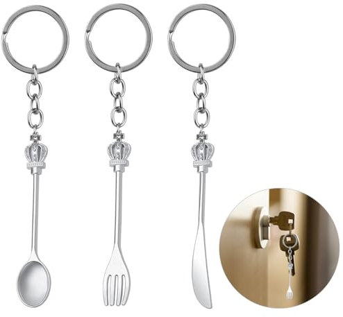 LUVDECO 3 Pieces Keyring Mini Cutlery Shape Keychain Mini Tea Spoon Keychain Alloy Key Ring Keyring Metal Fork Keychain Gadget Gift for Boys and Girls Party Favors Silver