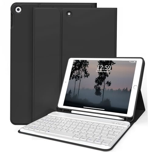 ZKTUYU Keyboard Case for iPad 9th/8th/7th Generation 10.2 inch 2021/2020/2019 with Pencil Holder, Stand Folio Detachable Wireless Bluetooth Keyboard Cover, Soft TPU Back Smart Case, Black