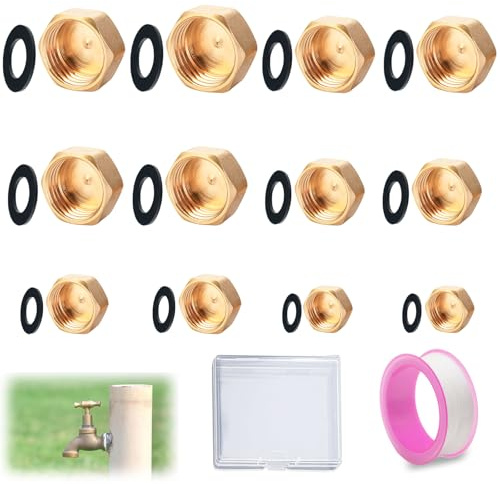 12 Pcs Brass Blanking Caps,1/8 1/4 3/8 1/2 3/4 Brass Blanking Nut Cap,Brass Spigot Cap Hexagonal,Brass Plumbing Fittings,Brass Female Cap with Washer for Washing Machine Radiator Valve Faucet Tap