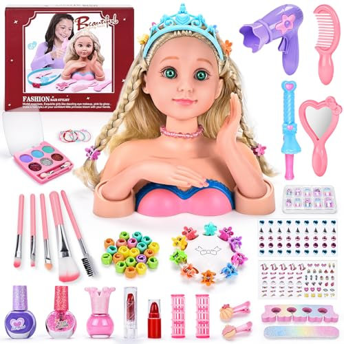 BuzzoXerex Frisierkopfpuppe für Kinder, Schminkpuppe Kinder Set, 60 Stück Waschbar Schmink und Frisierkopf Spielzeug Set mit Nagelaufkleber, Lippenstift, Haarnadeln Geschenk für Mädchen 3-10 Jahren