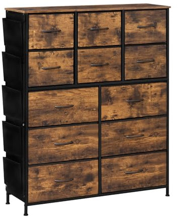 WOLTU Kommode mit 12 Schubladen & 5 Seitenbeuteln, für Wohnzimmer/Schlafzimmer, Stabiler Metallrahmen, rustikales Braun-Schwarz, 100x30x123cm, SSK012vbn