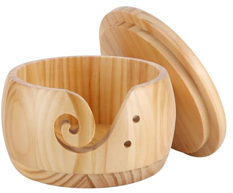 Strickschale aus Holz,Aufbewahrungsschale aus Wolle Strickschalenhalter mit Deckel Garnschalen für Häkel und Strickprojekte(Original Holzfarbe)