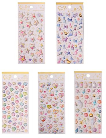 MisFun 5 Blätter 3D Sticker Mädchen, Mädchen Kristall Glitzer Sticker, Aufkleber Kinder Mädchens Aufkleber, Fünfzackiger Stern Herzform Kätzchen Diamant Meerestiere Gestalten Glitzer Stickers