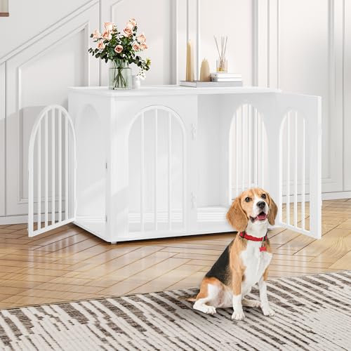 Hzuaneri Hundekäfig Möbel, 80cm Hundebox für Zuhause, 3 Türen, Bogentür, Moderne Hundebox Indoor für Hunde, Beistelltisch, Hundekäfig Hochbelastbar, 80 x 56 x 61 cm, Weiß DFC85113W