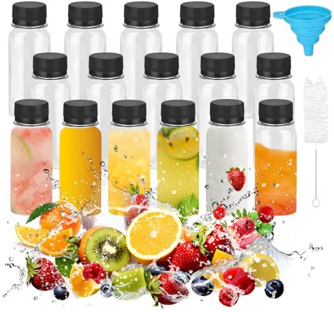 Xmart 16 pièces Petite Bouteille Shot de Jus Plastique 60ml Mini Bouteille Shot Réutilisables Shot Gingembre Vide avec Entonnoir et Brosse Pourlait Épices Boissons Confitures Miel