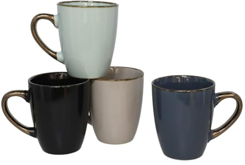 Gissed Juego de 4 Tazas de Cerámica, 350 ml, con Asa y Borde Dorado, 1 Azul, 1 Verde, 1 Negra, 1 Gris, Apta para Microondas y Lavavajillas