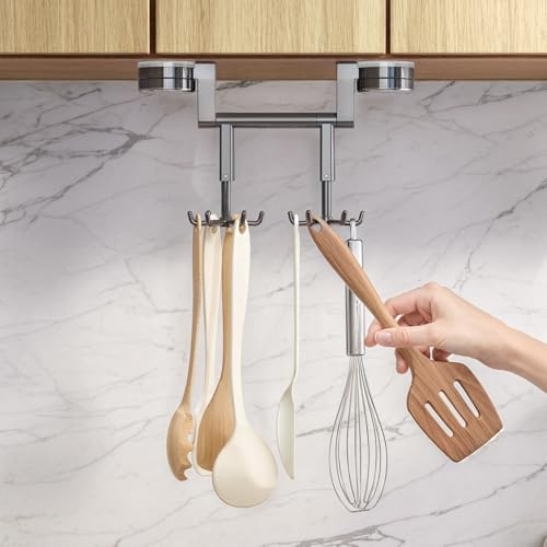 PAVSTINE Kitchen Utensil Rack 360° Rotating, Utensil Hooks for Kitchen Rail with Suction Cup, No Drilling Wall Mounted Hangers for Hanging Cooking Utensils, Spoons, Mugs, Grey