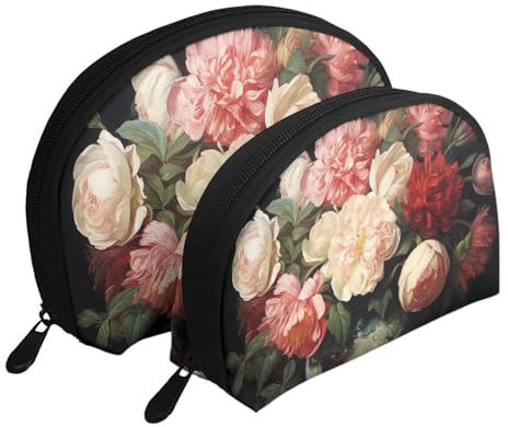 Bowl with Peonies and Rose Portable Shell Cosmetic Bag Set – Travel Makeup Organiser with Zipper & Inner Compartments