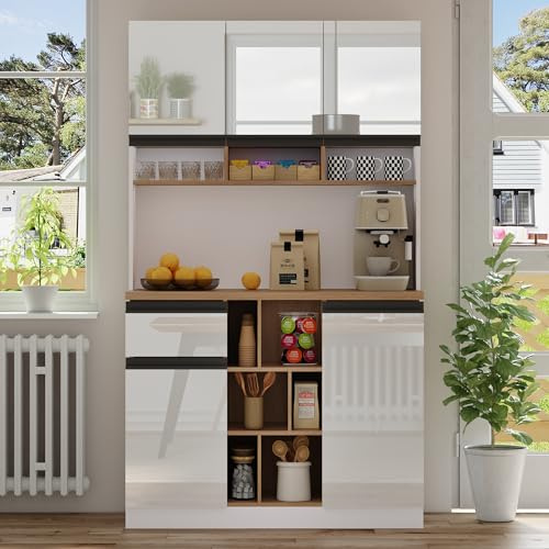 Merax Küchenschrank mit Arbeitsplatte, Hochglanz weißer Buffetschrank, Sideboard 105cm breit, mit Metallgriffe, verstellbare Regale und Offener Stauraum, Weiß+ Natürlich, 105x45x185 cm