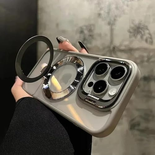SKFGNX Ring Magnetic Glass Lens Stand Phone Case for Iphone 16 11 13 14 12 15 Pro Max 16 Plus Clear Protect Cover(For iphone 13/Gray)