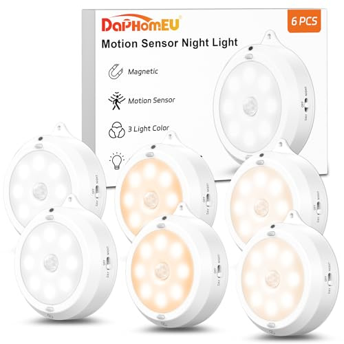 daphomeu Motion Sensor Lights Indoor - 6 Pack, Smart Under Cabinet Lighting, 3 × AA Battery Operated Wireless Stair Light, Dimmable Puck Lights Suitable for Kitchens, Wardrobes, Hallway